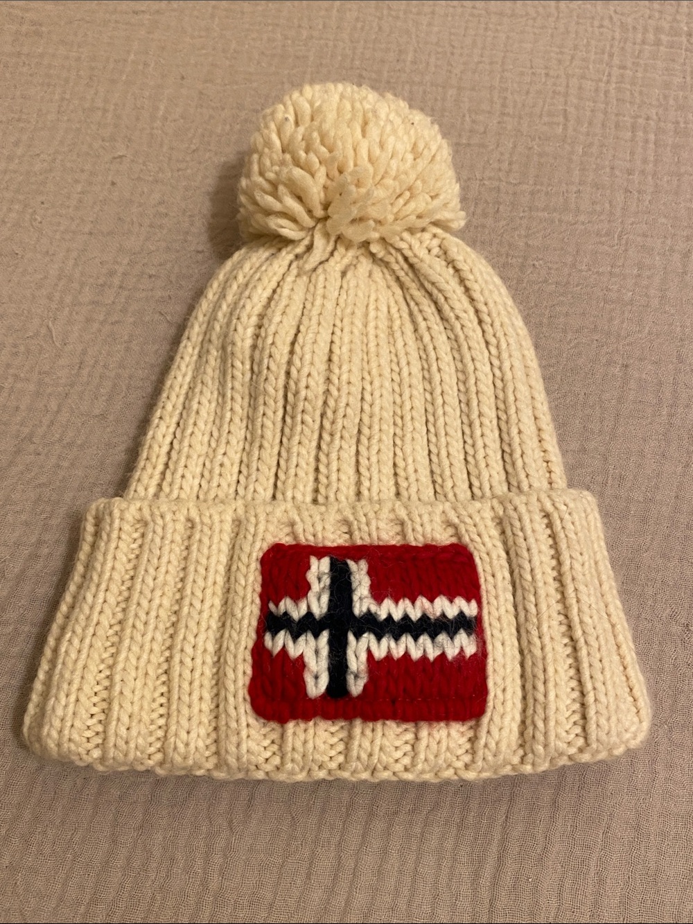 Napapijri Cream Knit Pom Beanie with Red Flag Patch